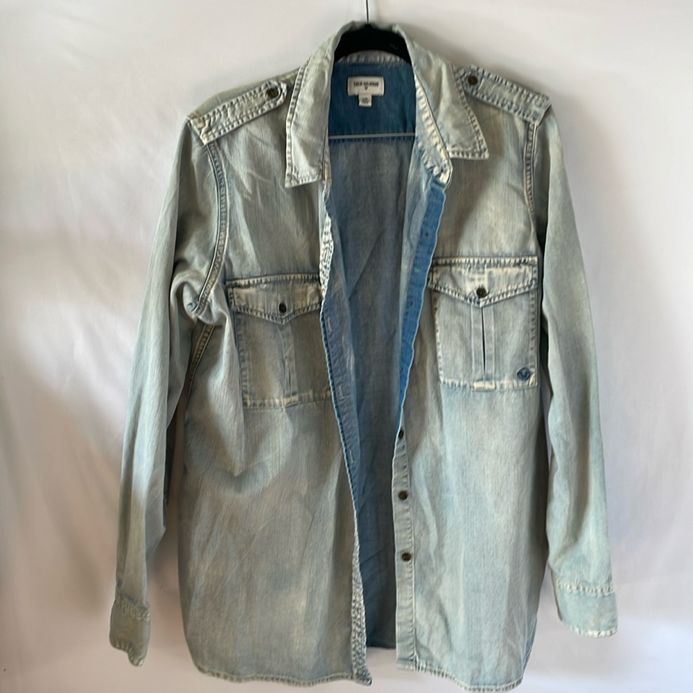 True religion denim collard shirt size large acid wash blue
